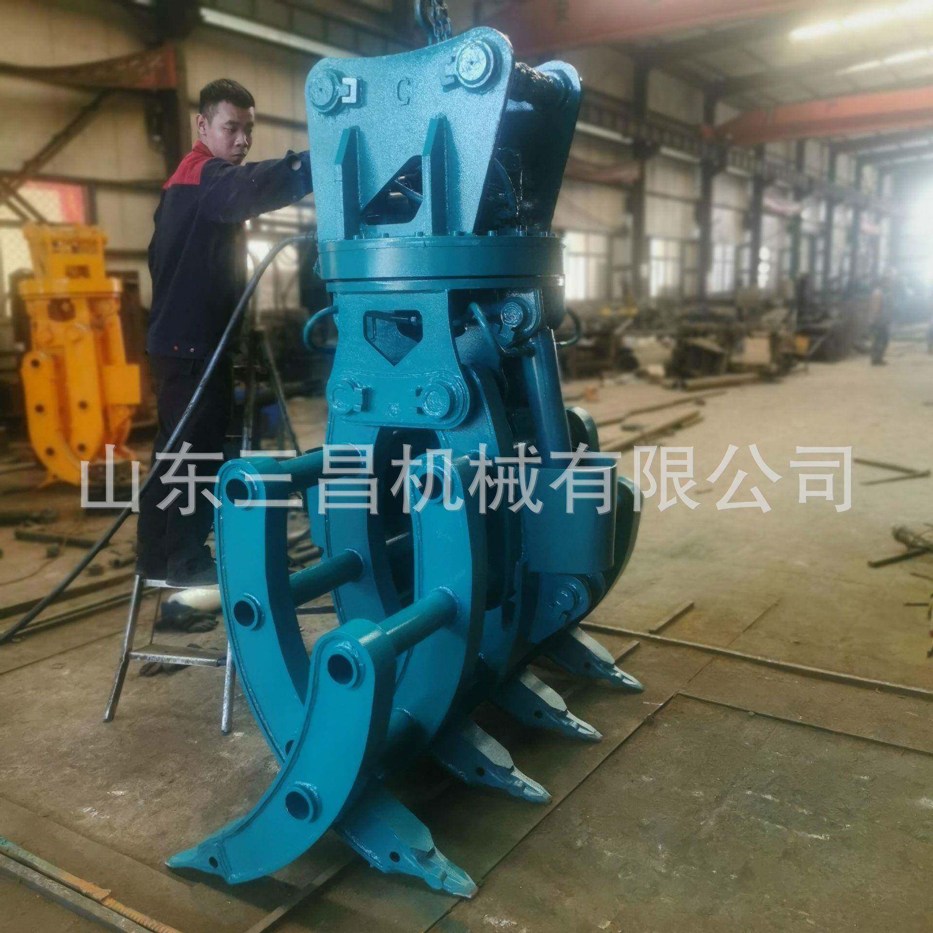 挖掘机加装抓木器+2机械抓钢机林场用60度液压旋转夹木机三昌