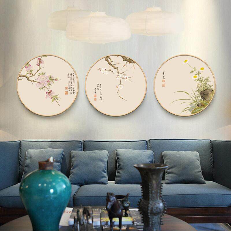 实木圆形框花卉装饰画 画古典中国风客厅背景墙卧室玄关过道壁画