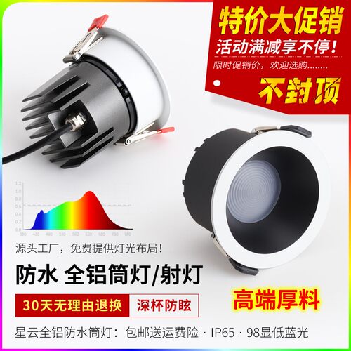 led全铝防水筒灯 酒店卫生间防雾防潮98显嵌入式防眩 cob防水射灯