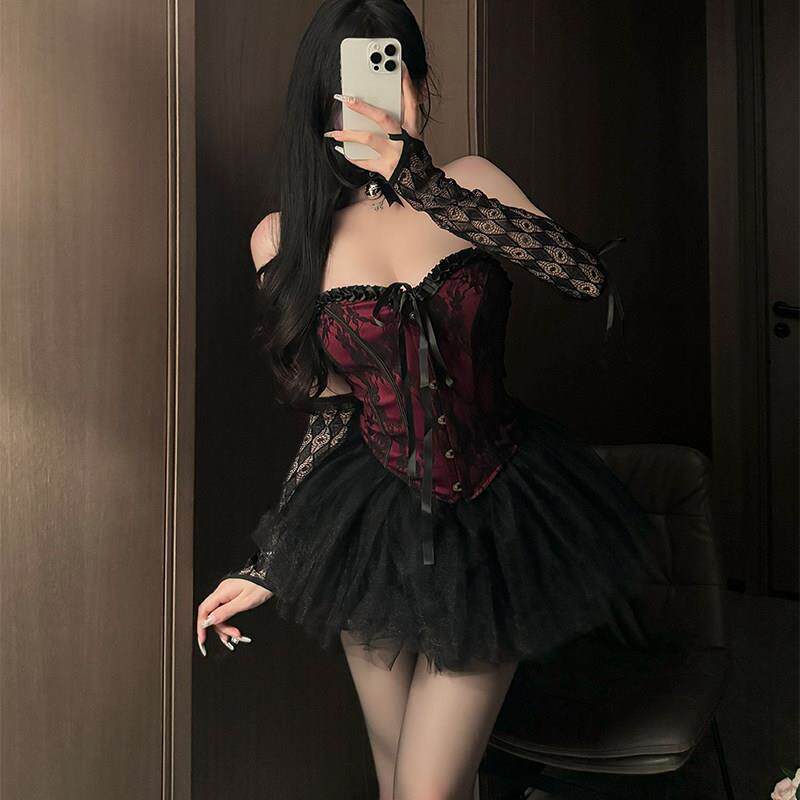 性感辣妹抹胸上衣夏季新款复古宫廷风高腰显瘦蓬蓬短裙子两件套女