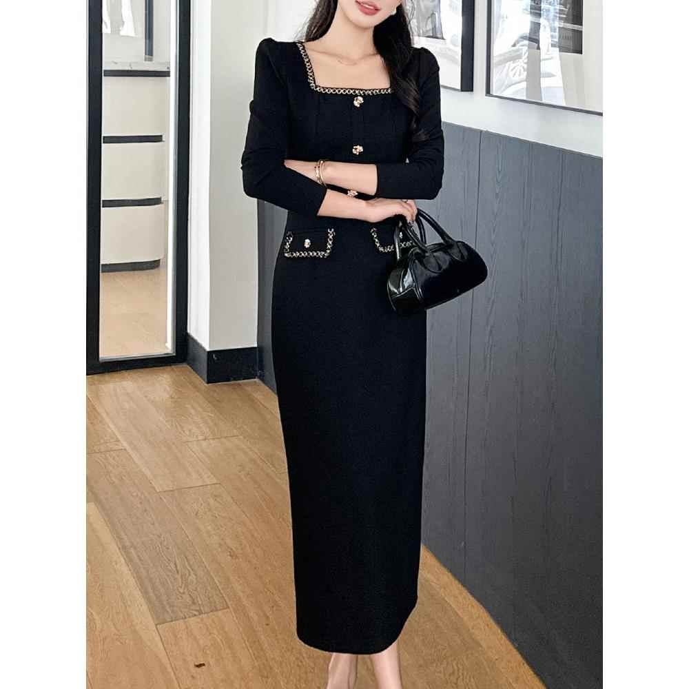小香风秋冬连衣裙女士新款轻奢高级感气质名媛高端修身黑色包臀裙