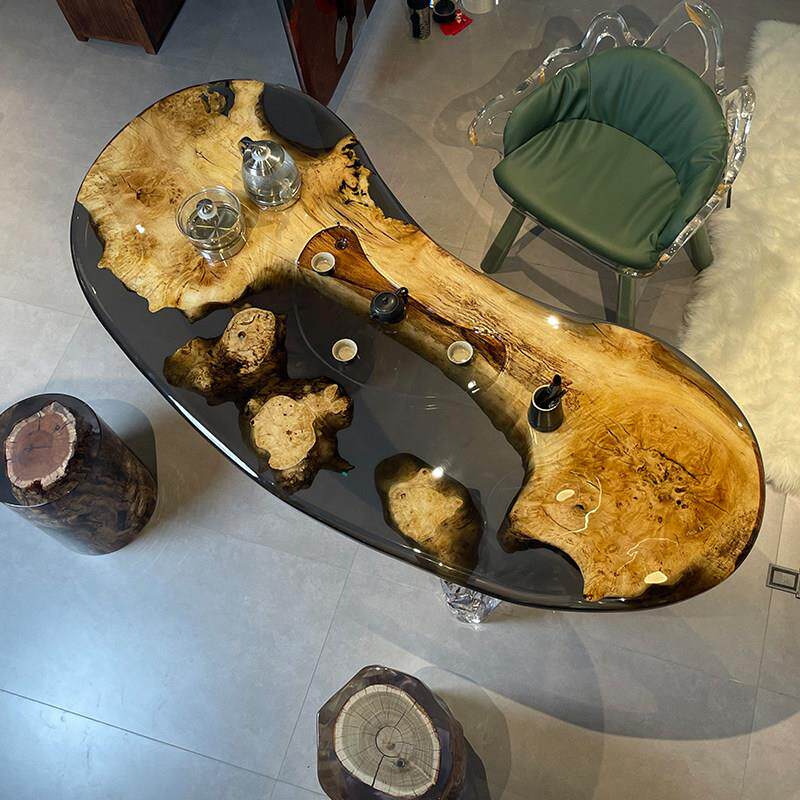 环氧树脂河流桌面黑胡桃大板实木原木海洋茶桌子茶几触摸感应发光