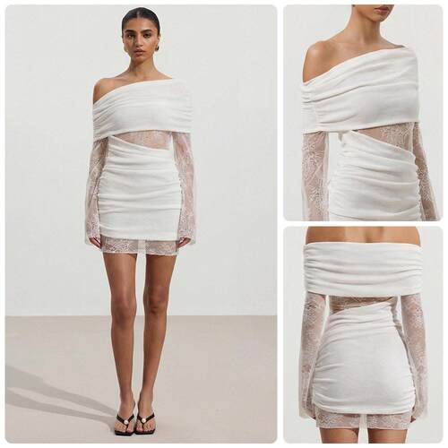 One Shoulder Lace Patchwork Long Sleeve Dress Elegant