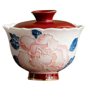 带陶瓷功夫堆单个高档家用描金茶碗盖手绘碗雕茶杯牡丹花茶具口盖