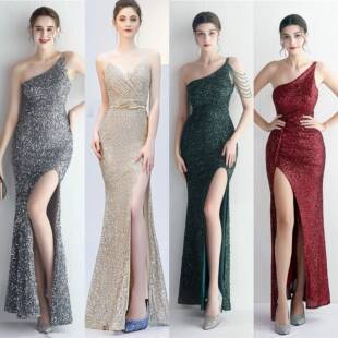 夜店ktv性感吊带深V显瘦亮片主持人佳丽车模特走秀晚礼服敬酒服