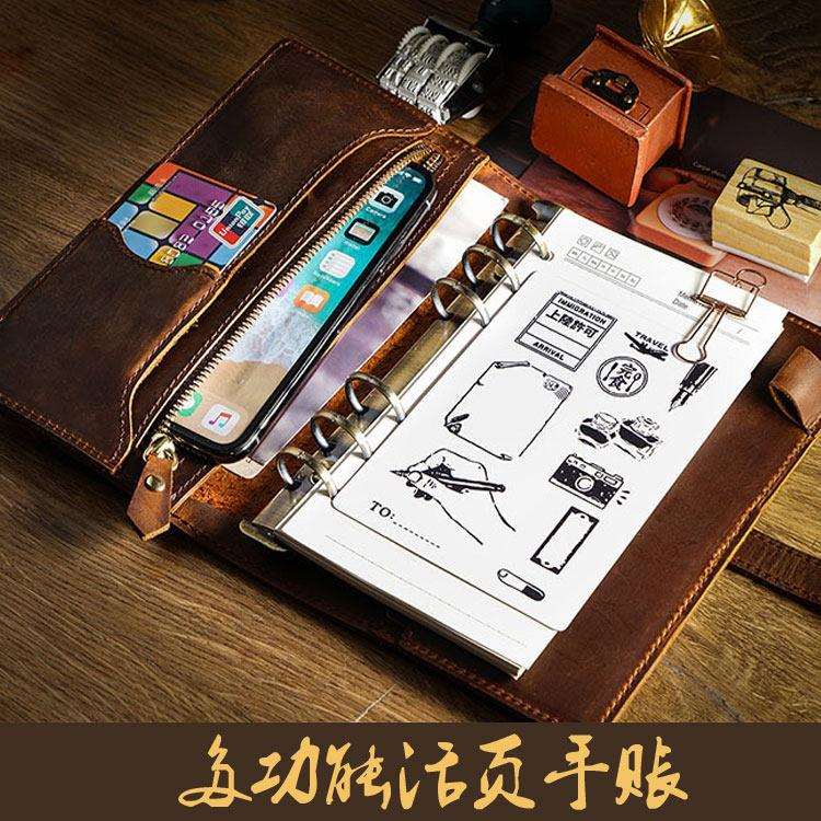 多功能复古手账本活页夹收纳袋A5真皮记事本A6疯马皮可携式A7笔记