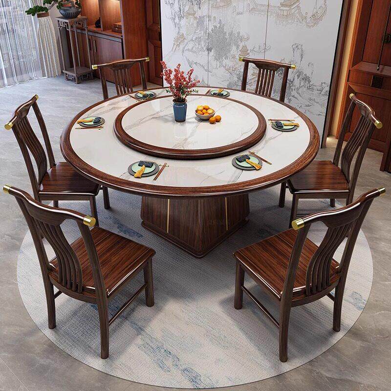 新中式乌金木实木餐桌椅组合家用客厅实木圆桌带转盘简约岩板饭桌