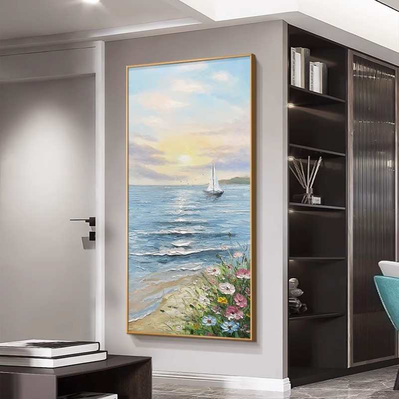 手绘油画现代简约玄关装饰画竖一帆风顺走廊过道挂画立体海景壁画
