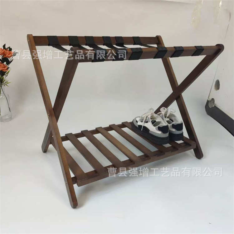 现货实木行李箱收纳架双层酒店民宿玄关鞋架落地可折叠木质行李架