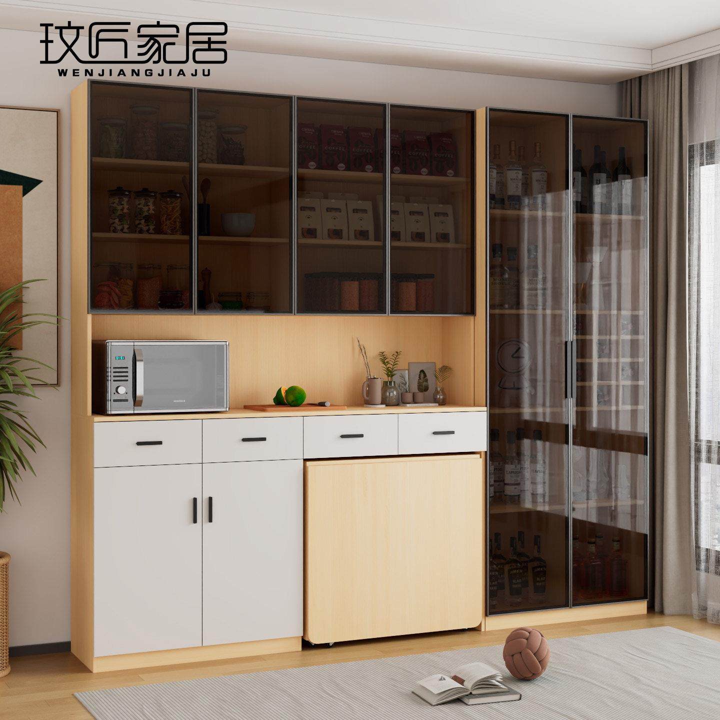 餐柜折叠餐桌组合一体省空间嵌入靠墙玻璃门酒柜茶水储物餐桌柜,住宅家具,餐边柜,淘宝优惠券,粉丝福利购,淘宝优惠卷