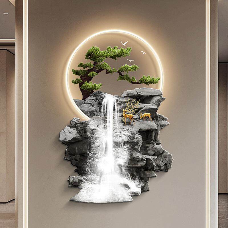 流水生财玄关装饰画带灯新中式麋鹿走廊过道挂件画迎客松发光壁饰