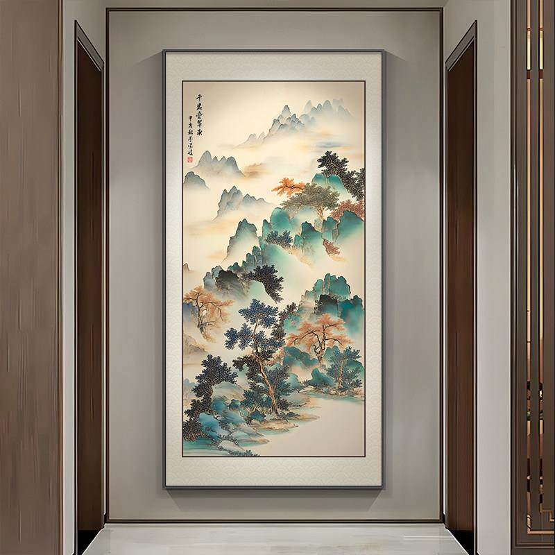 国画山水画新中式大气玄关装饰画高级感走廊过道挂画客厅竖版壁画