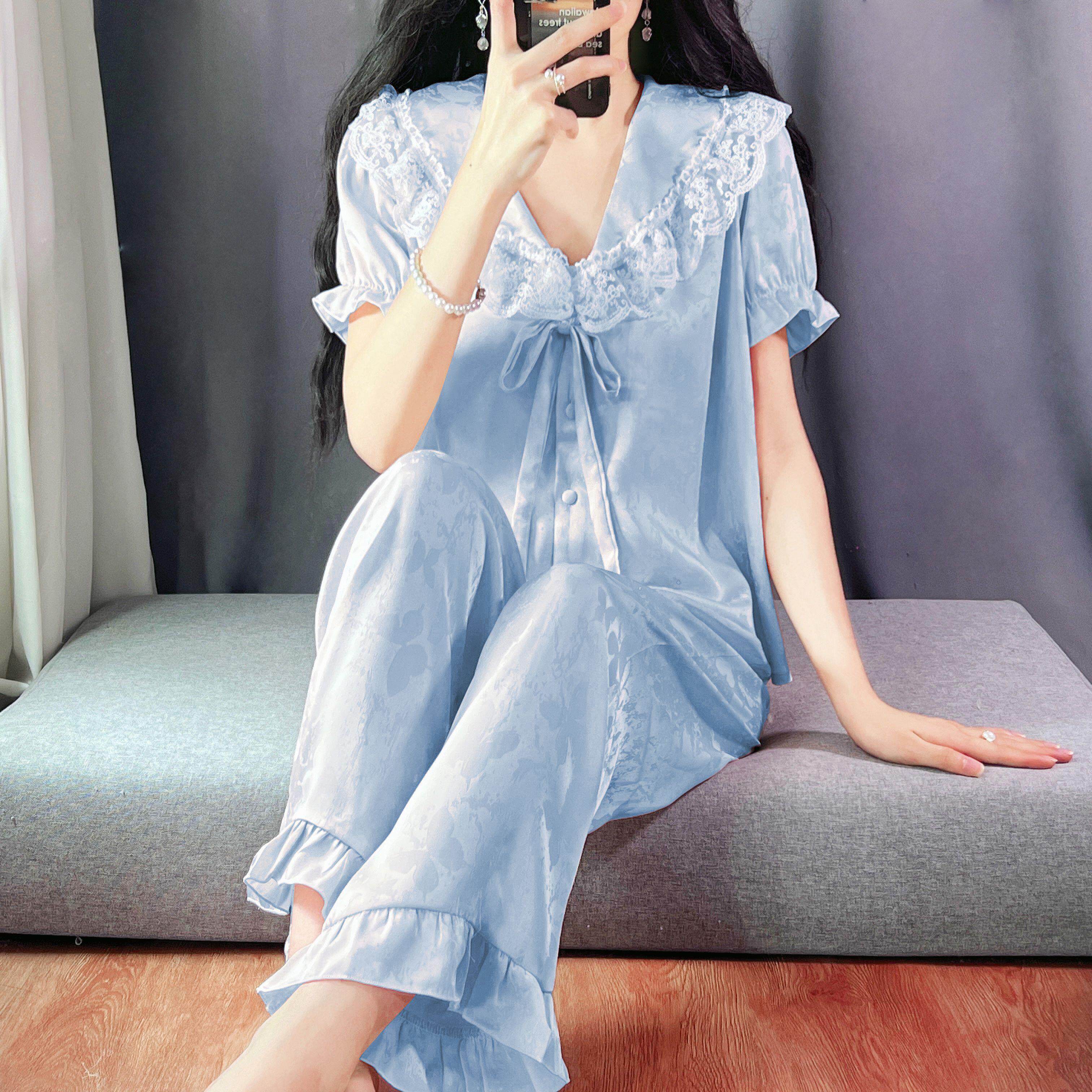 2026新款睡衣女士夏季冰丝蕾丝短袖长裤高级感少女甜美家居服套装