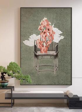 新中式装饰画客厅玄关壁画绿色祥云太湖石古典小众高级感民宿挂画