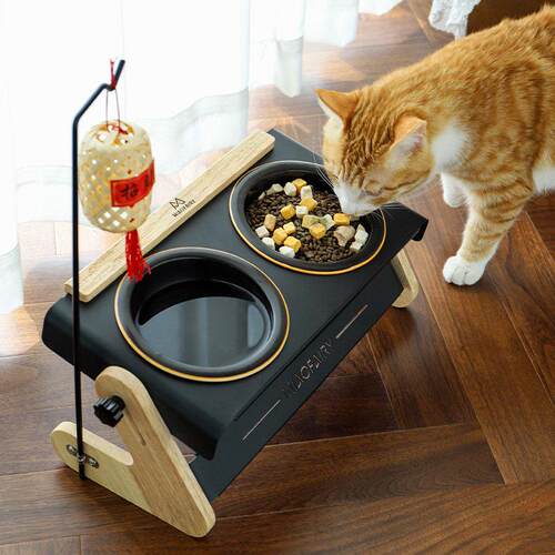 Lazy pets猫碗陶瓷实木碗架可调节斜面护颈狗碗双碗水碗慢食碗盆