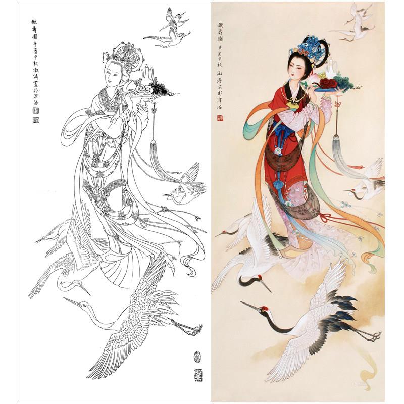 高清国画人物献寿图工笔画白描底稿线描稿练习实物电子打印稿091