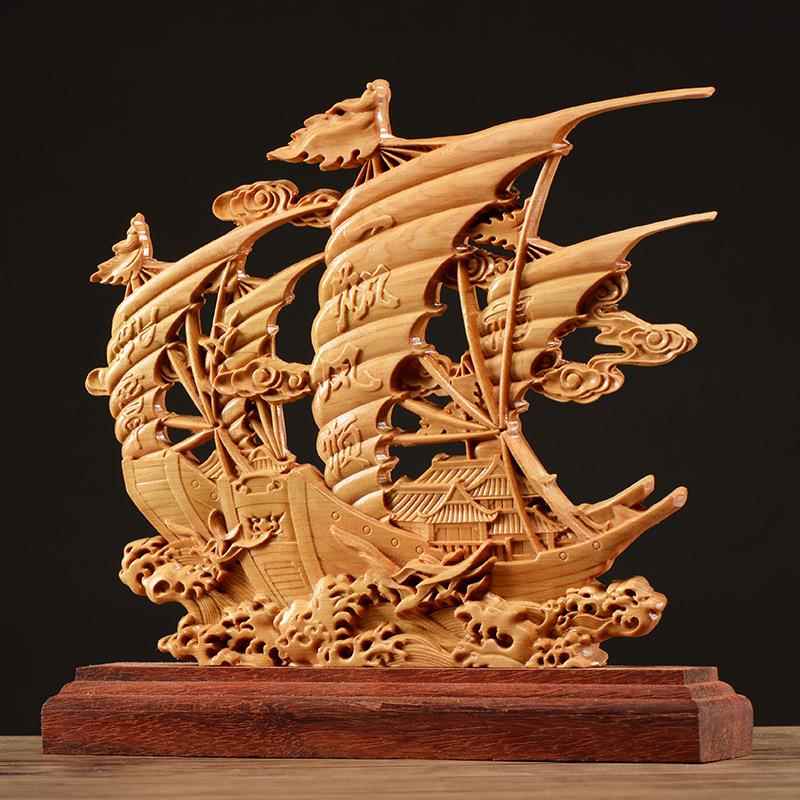 崖柏木雕一帆风顺帆船摆件实木雕刻办公室桌面工艺品前台玄关装饰