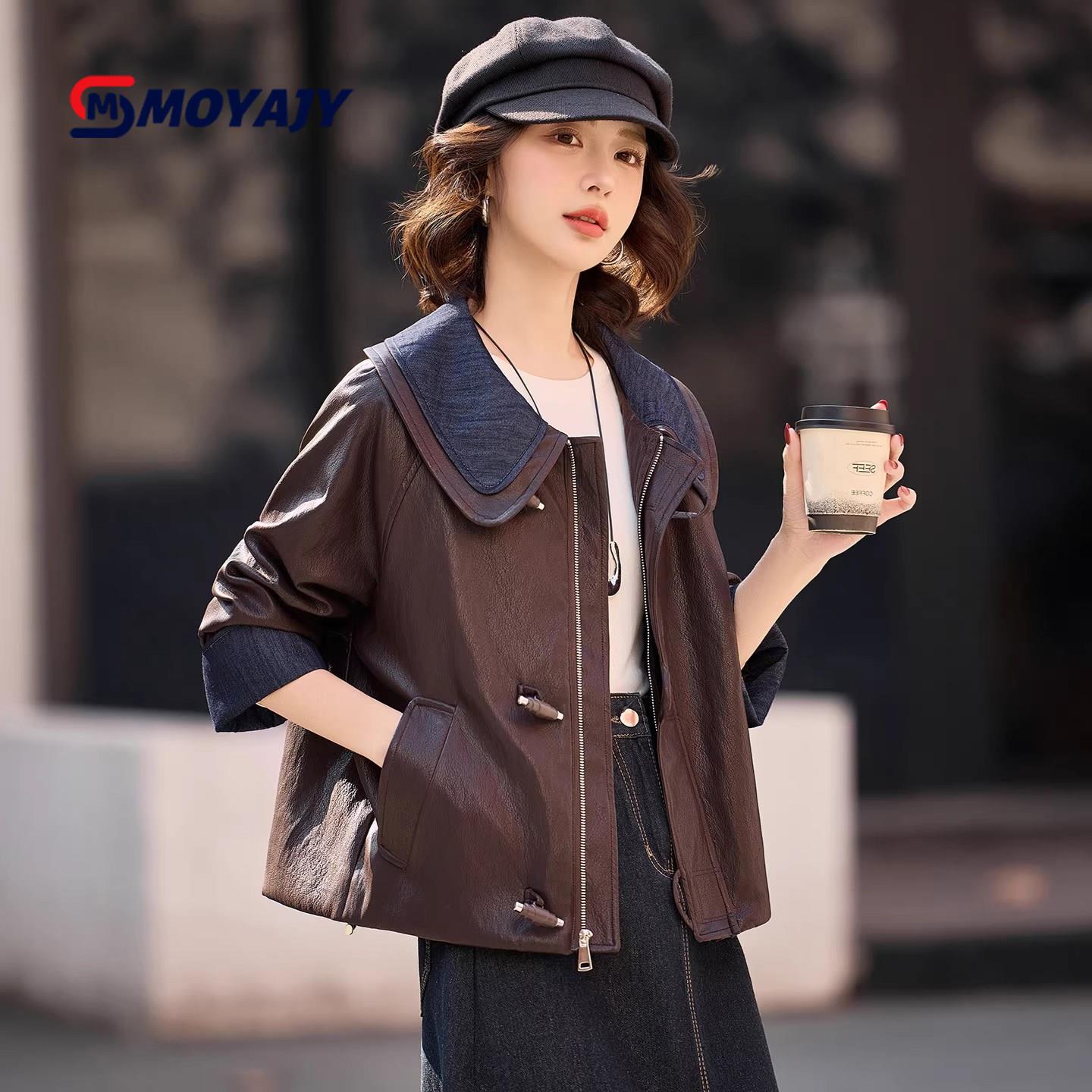 MOYAJY品牌2026年春秋设计感小众牛仔拼接短款皮衣高级感夹克外套