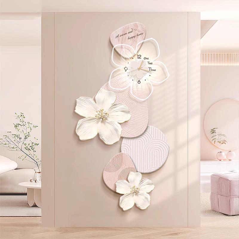 奶油风花卉入户玄关装饰画北欧走廊过道带钟表挂画客厅发光壁灯画