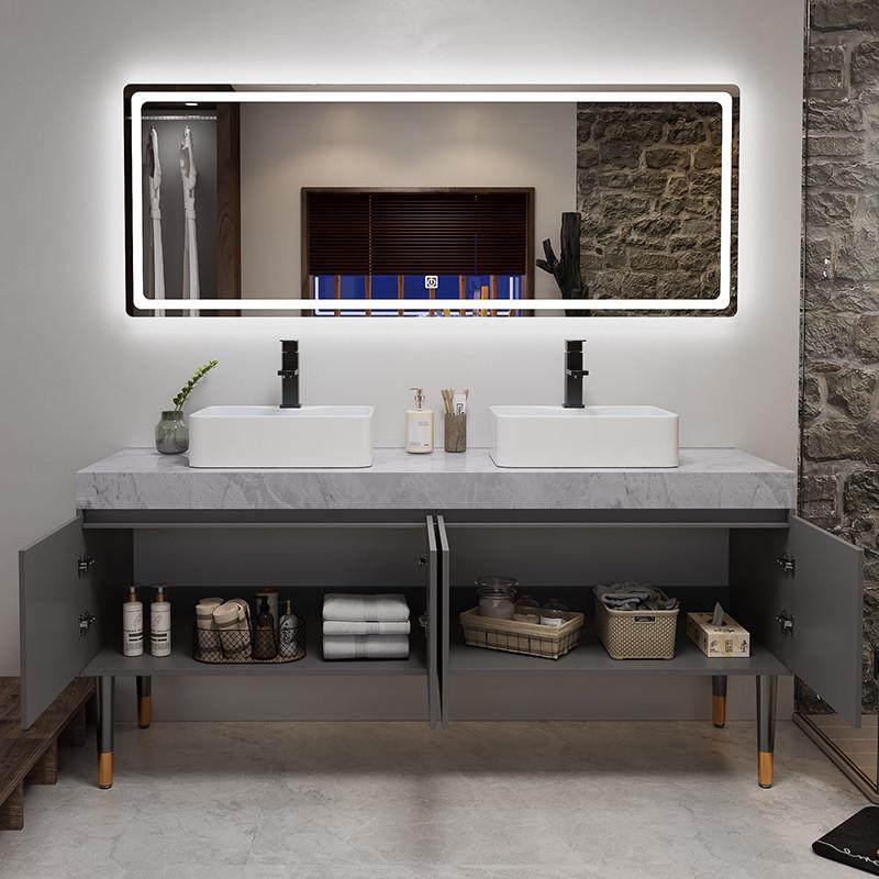 新款落地式大理石双盆台上盆浴室柜组合套装公共卫生间现代浴室柜