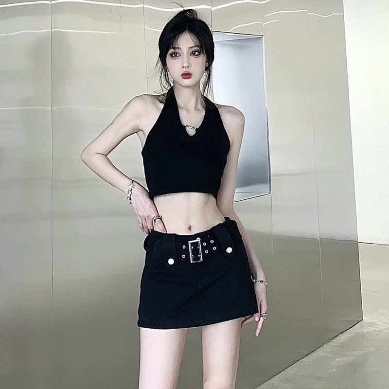 复古裙裤两件腰感牛仔裙腰带a裙高背心套装美式设计字短裙女半身