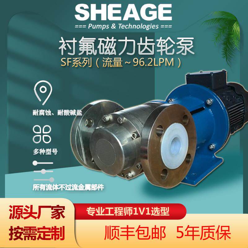 耐腐蚀浓硫酸输送高温化工泵SHEAGE SF601衬PFA氟塑料磁力齿轮泵
