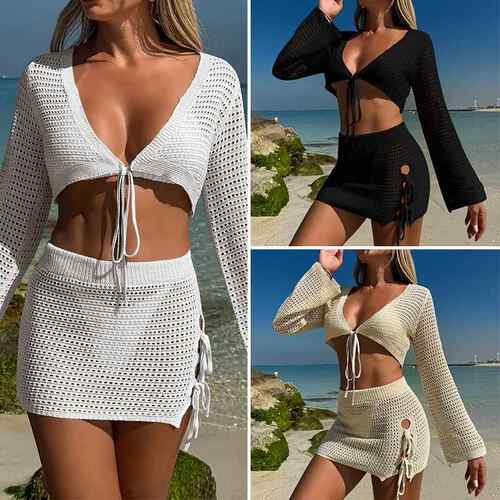 Women'S Solid Color Crochet Knit Cover Up Set Casual Long