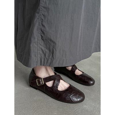 春日告白~平底真皮圆头玛丽珍交叉带芭蕾舞鞋女舒适平底浅口单鞋