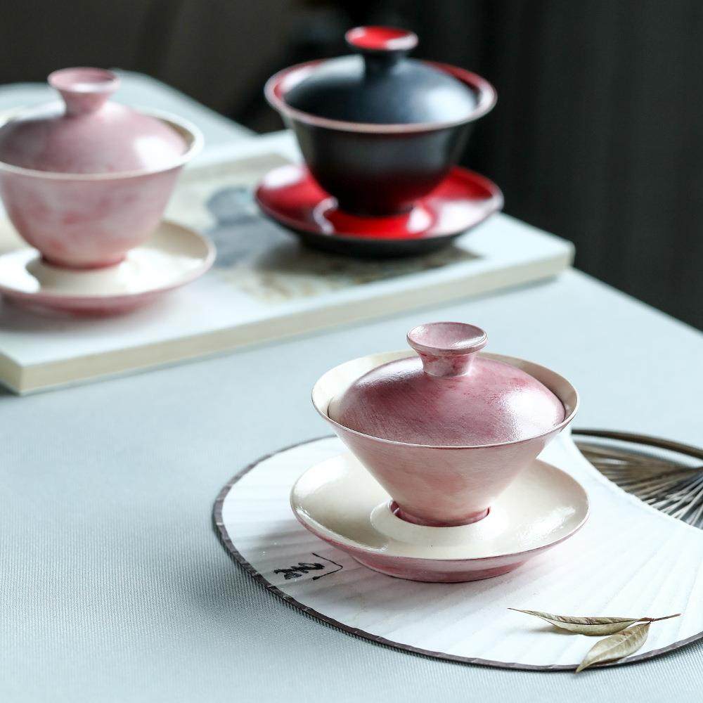 春天的胭脂化妆土粉引元宝小盖碗玉兰花型全手工粉色盖碗70cc