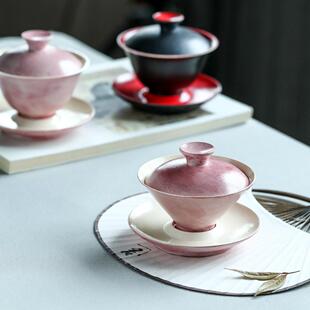 春天的胭脂化妆土粉引元宝小盖碗玉兰花型全手工粉色盖碗70cc