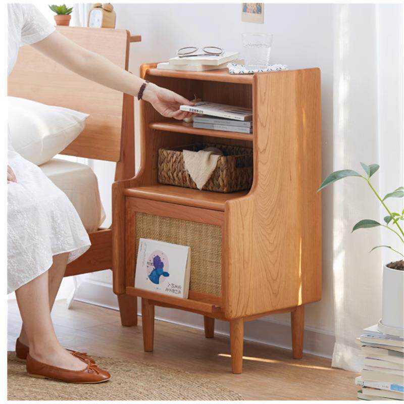 北欧实木藤编床头柜现代简约沙发边柜翻门杂志柜床边卧室收纳柜子