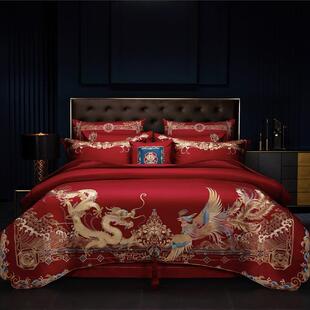 高端刺绣婚庆全棉大红色四件套200s贡缎长绒棉结婚高档六件套床品