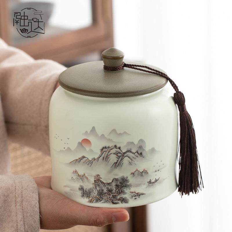 茶叶罐陶瓷防潮密封储物罐红茶绿茶普洱茶罐子仿古山水罐摆件