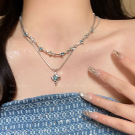 双层蓝色四芒星锆石项链，女夏季ins小众设计感配饰时尚气质锁骨链