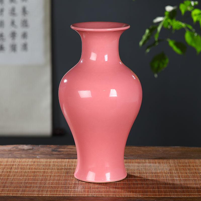景德镇陶瓷器粉红釉彷古花瓶插花新中式家居客厅电视柜装饰品摆件