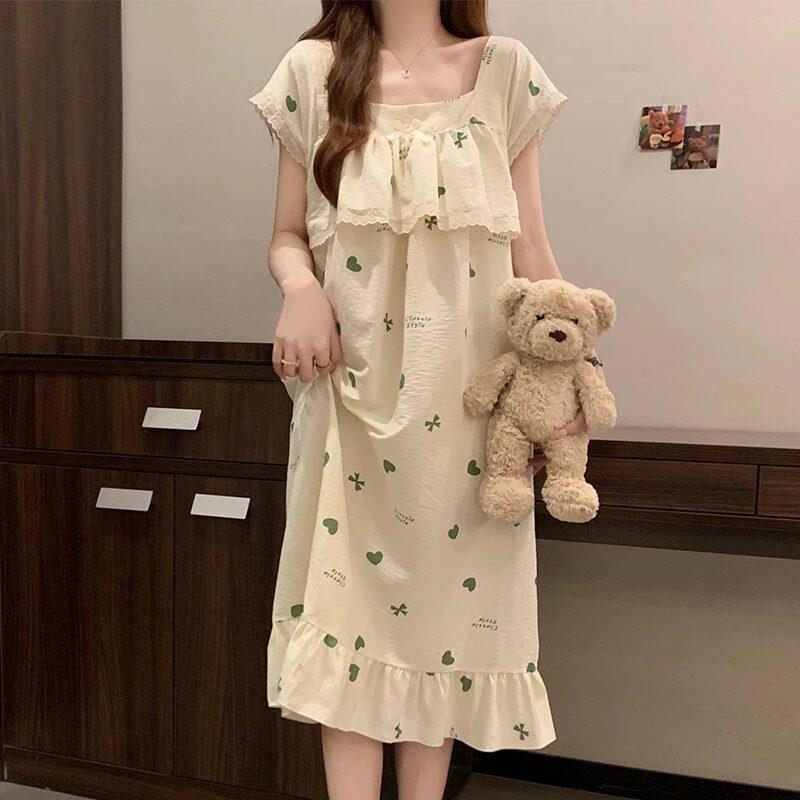 睡裙女款夏季短袖云朵棉爱心甜美少女2026新款夏天薄款女士睡衣裙