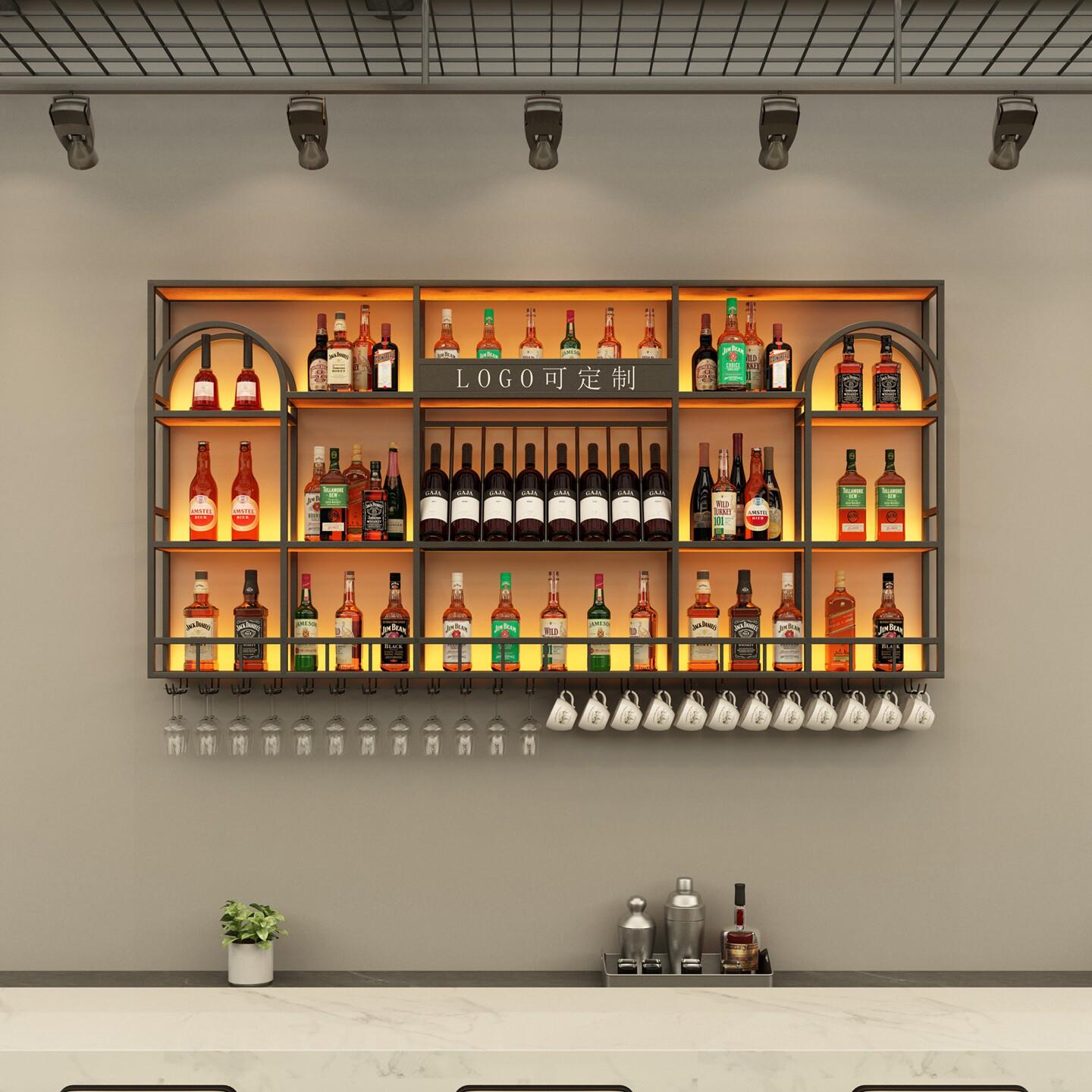 新款饭厅酒架工业风壁挂发光酒柜墙上酒架背景墙多功能展示架酒柜