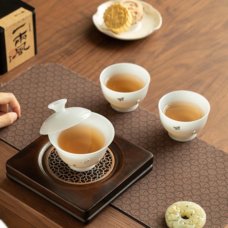璞玉冰种锔银蝴蝶浅蓝盖碗茶杯泡茶碗家用茶具套装二才盖碗主人杯