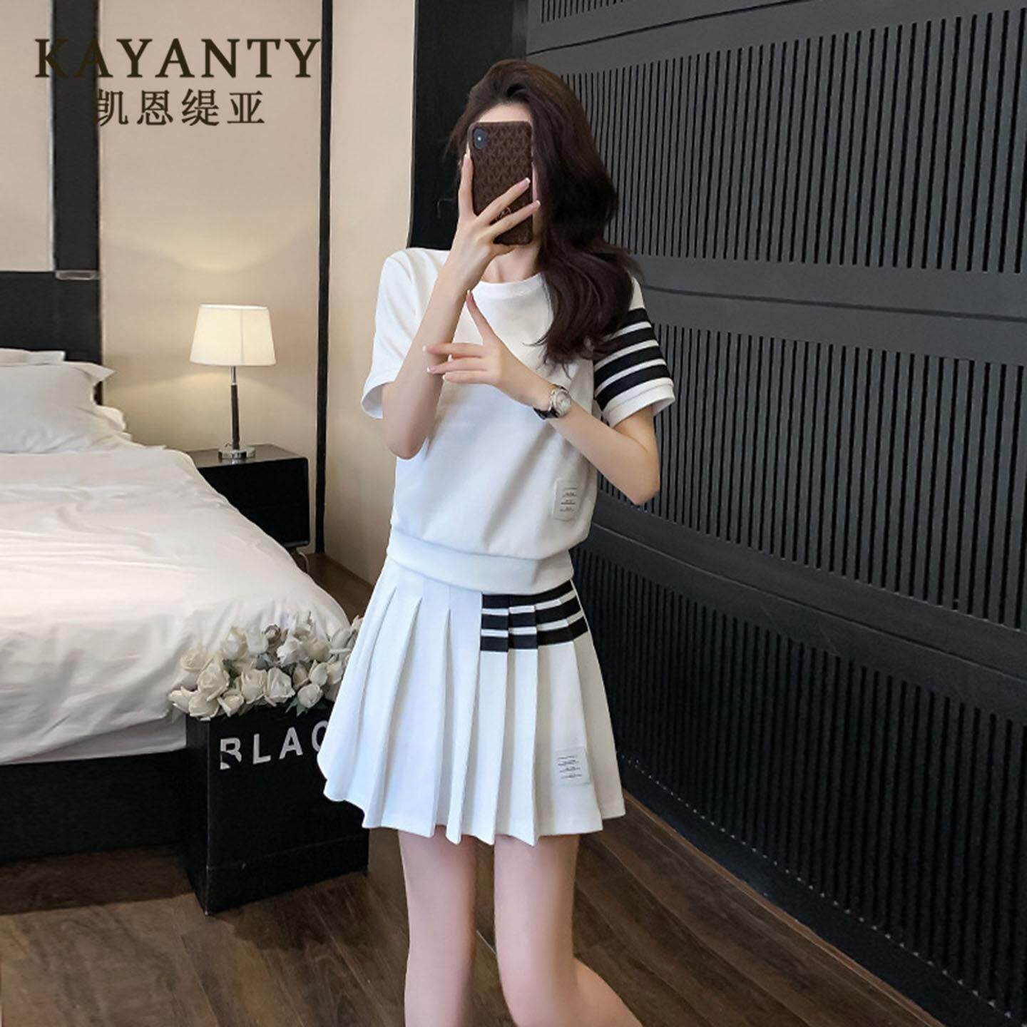 KAYANTY夏天小个子穿搭一整套时尚休闲运动风百褶裙子两件套装女