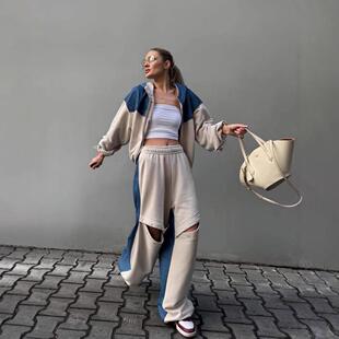 Splicing sports suit hooded cardigan drawstring ripped