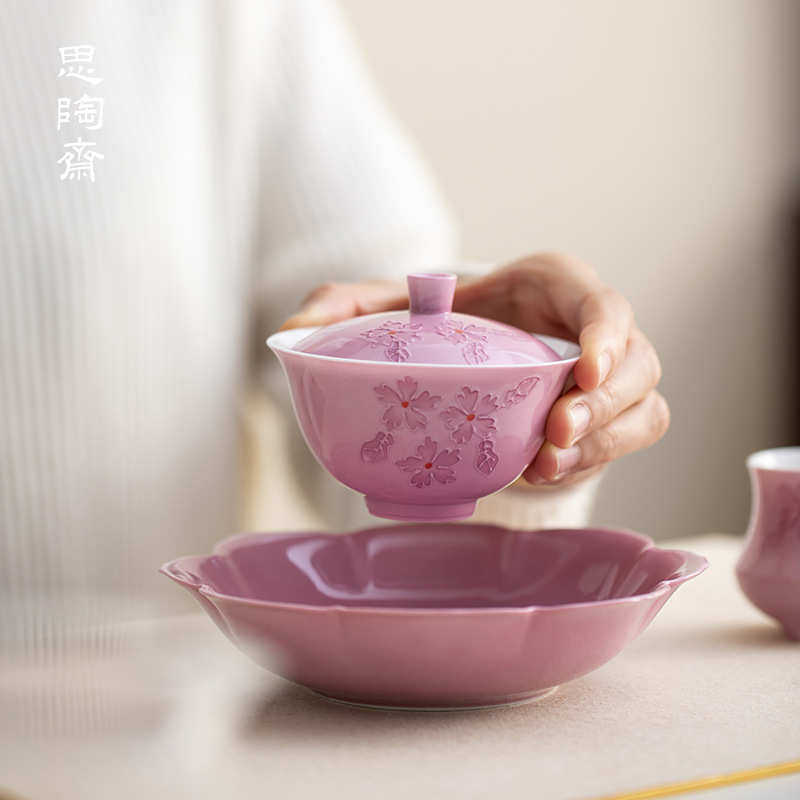 思陶斋釉下彩手绘堆雕二才盖碗高档轻奢家用陶瓷功夫茶具泡茶碗,餐饮具,盖碗,淘宝优惠券,粉丝福利购,淘宝优惠卷