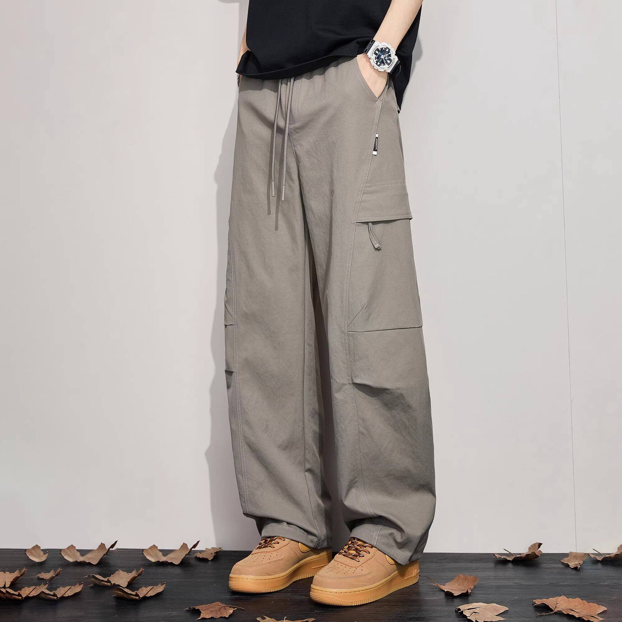 香港潮牌休闲裤男夏季新款美式复古褶皱伞兵工装裤男士宽松直筒裤