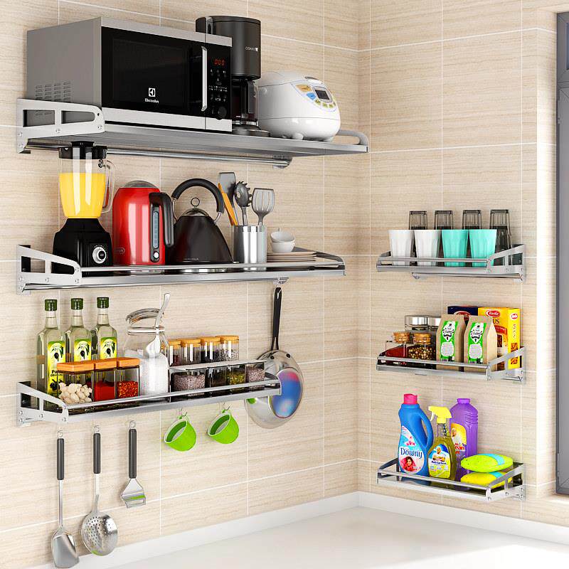 置物架墙上厨房304支电烤箱微波炉壁挂式单层收纳不锈钢调料架子