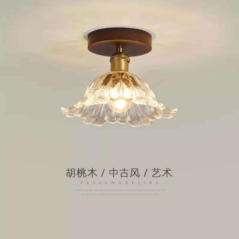 新中式过道灯吸顶灯现代简约胡桃木玻璃玄关阳台走廊厨卫实木灯具