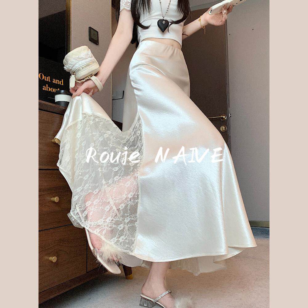 Rouje NAIVE淑女风缎面A字半身裙2026女夏高腰蕾丝拼接长裙小个子