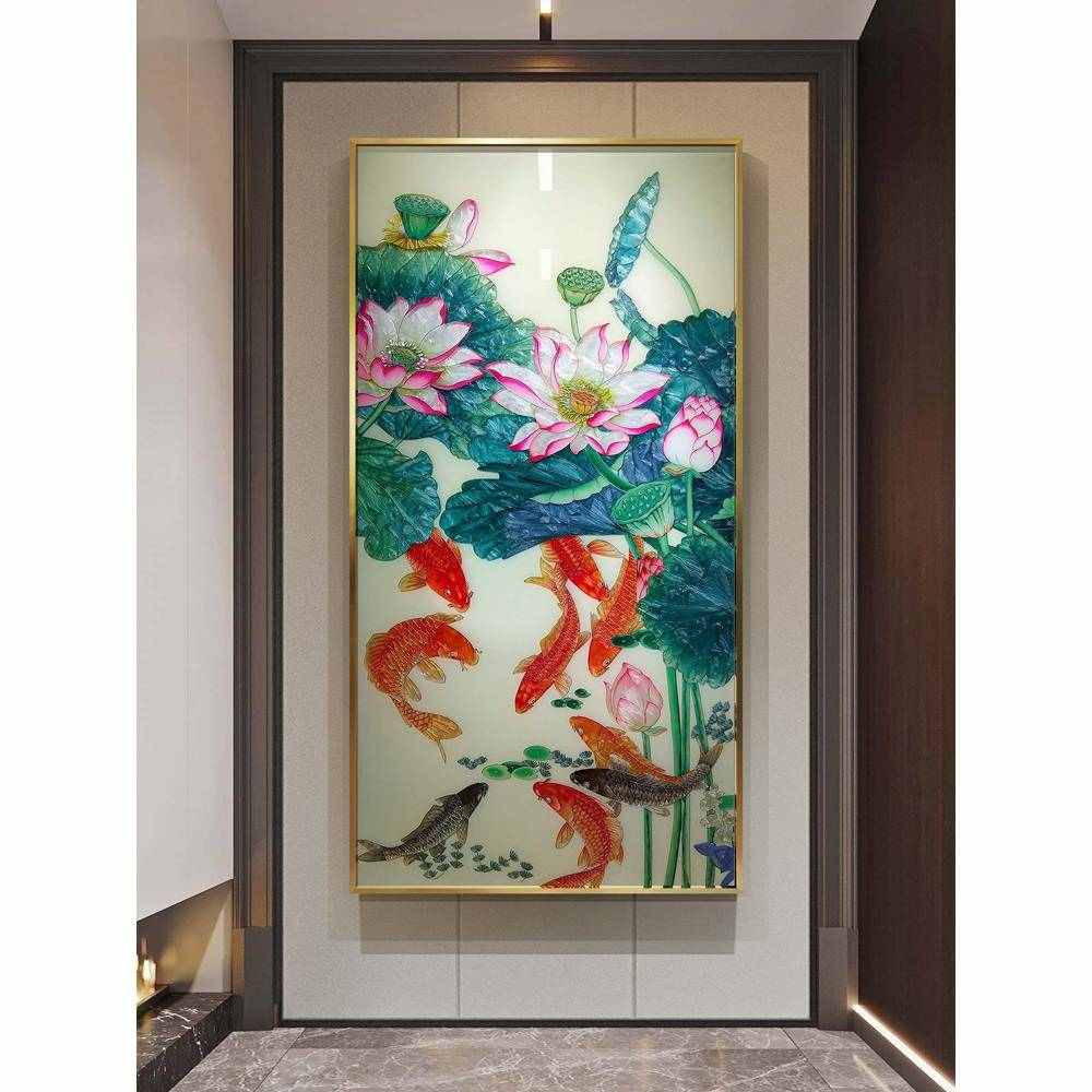 掐丝珐琅彩装饰画新中式玄关走廊过道挂画餐厅立体壁画九鱼戏荷花图片