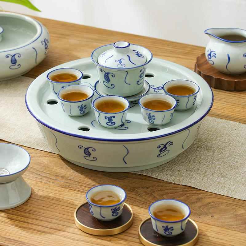覆古青花瓷功夫茶具套组中式老式潮汕陶瓷怀旧茶杯家用泡茶壶盖碗