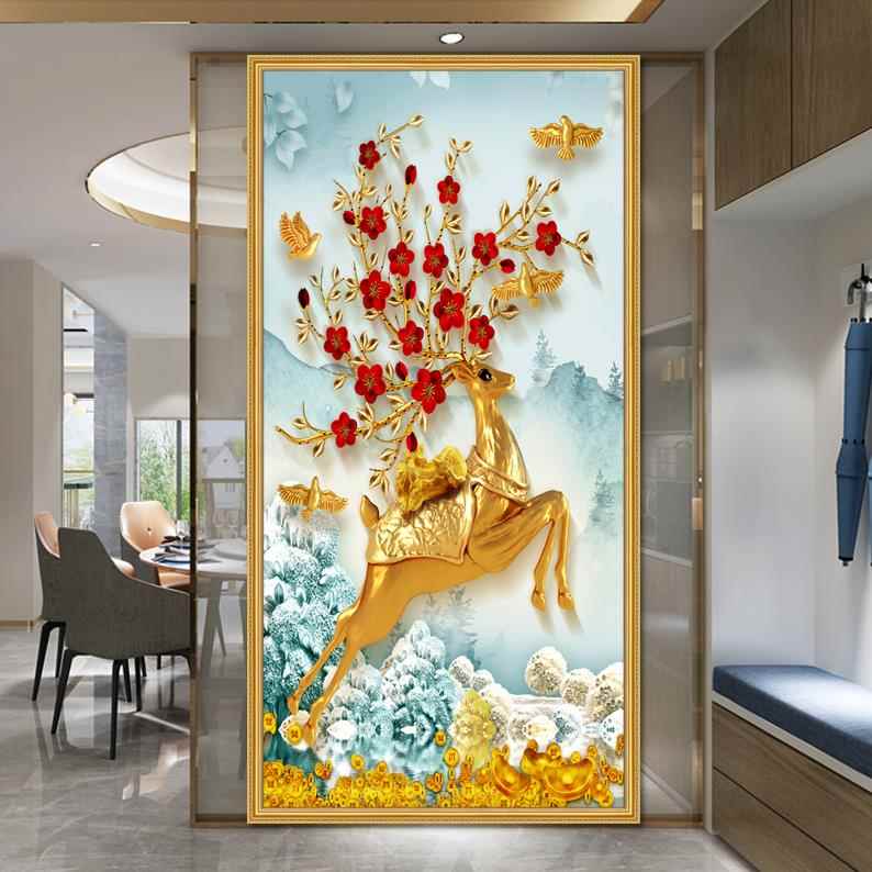 客厅装饰画入户玄关竖版背景墙贴壁画走廊自粘墙纸现代轻奢麋鹿画图片