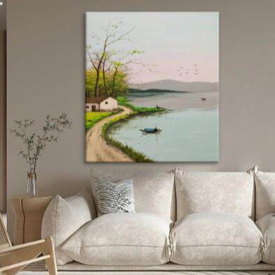 新中式田园风景纯手绘油画湖边山水装饰画客厅玄关挂画丙烯肌理画