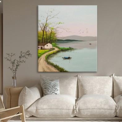 新中式田园风景纯手绘油画湖边山水装饰画客厅玄关挂画丙烯肌理画